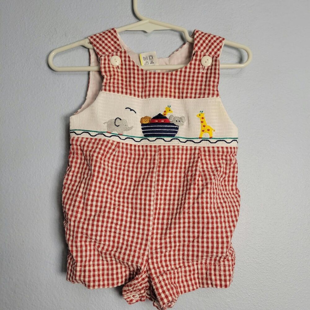 Vtg 1997 Cradle Togs Baby Boy Smocked Jon Jon Noahs Ark Gingham Romper 3-6 Mo